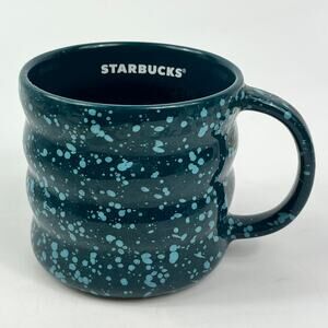 Starbucks 2023 Blue Ribbed Mug 12oz Ceramic Speckled Handle Coffee Cup Modern